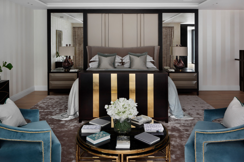 Imagen de dormitorio principal de estilo americano extra grande sin chimenea con paredes grises y moqueta
