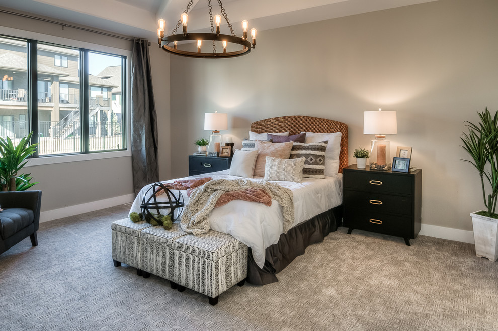 Transitional carpeted and gray floor bedroom photo in Omaha with beige walls