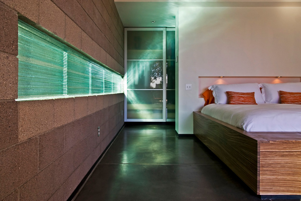 フェニックスにある中くらいなコンテンポラリースタイルのおしゃれな主寝室 (白い壁、コンクリートの床) のインテリア
