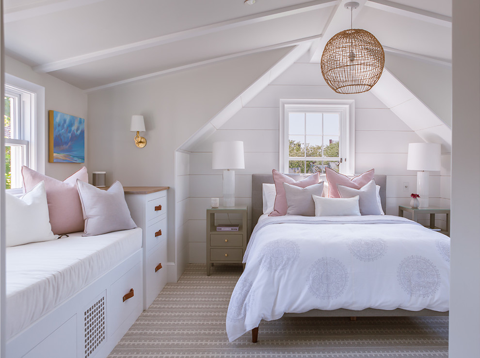 Beach style grey and cream bedroom in Boston.
