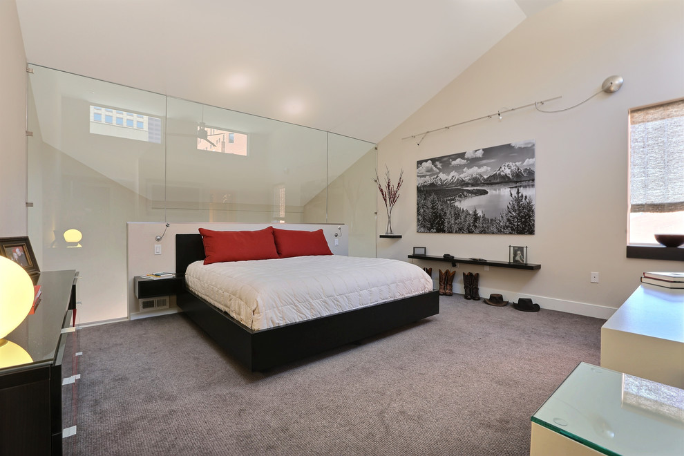 Photo of a contemporary bedroom in Denver with beige walls and carpet.