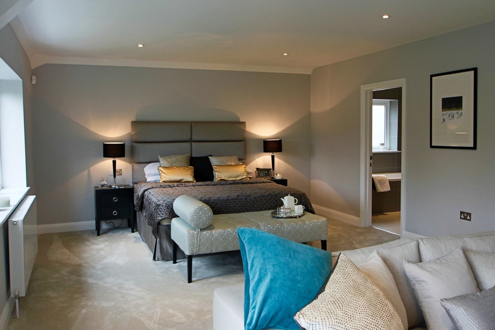 This is an example of a large contemporary master bedroom in Other with grey walls, carpet and no fireplace.