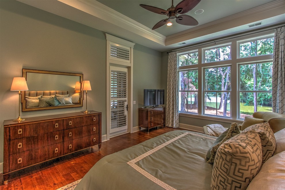 Inspiration for a large classic master bedroom in Atlanta with green walls, dark hardwood flooring and no fireplace.