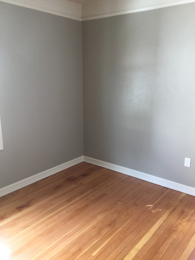 Foto de habitación de invitados tradicional de tamaño medio sin chimenea con paredes grises y suelo de madera en tonos medios