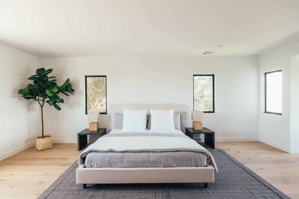 ロサンゼルスにあるコンテンポラリースタイルのおしゃれな主寝室 (白い壁、淡色無垢フローリング、ベージュの床) のレイアウト