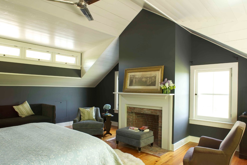 This is an example of a rural loft bedroom in New York with grey walls.