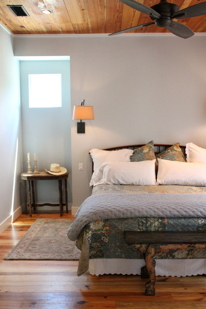Design ideas for a medium sized farmhouse master bedroom in Austin with blue walls and medium hardwood flooring.