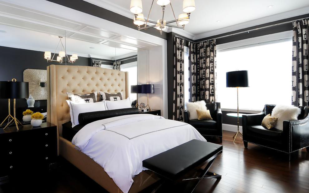 Inspiration for a contemporary master dark wood floor bedroom remodel in Other with black walls and no fireplace