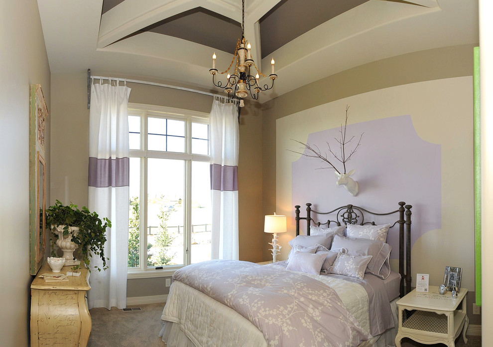 Example of a mid-sized classic guest carpeted and beige floor bedroom design in Omaha with multicolored walls