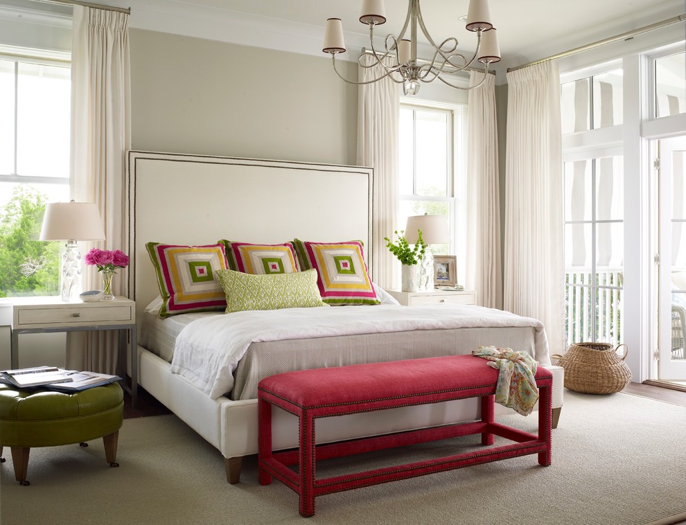 This is an example of a coastal bedroom in Atlanta with grey walls.