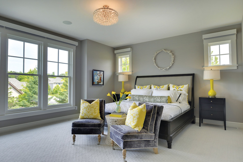 Design ideas for a classic grey and yellow bedroom in Minneapolis with grey walls and carpet.