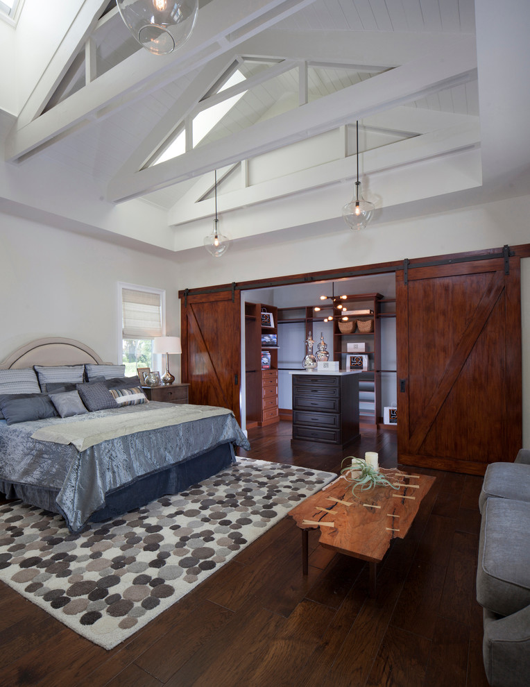 Пример оригинального дизайна: хозяйская спальня среднего размера в стиле кантри с белыми стенами и темным паркетным полом без камина