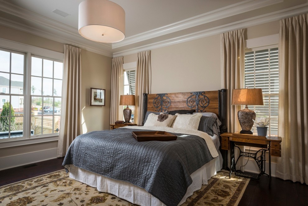 Design ideas for a traditional bedroom in Other with beige walls and feature lighting.