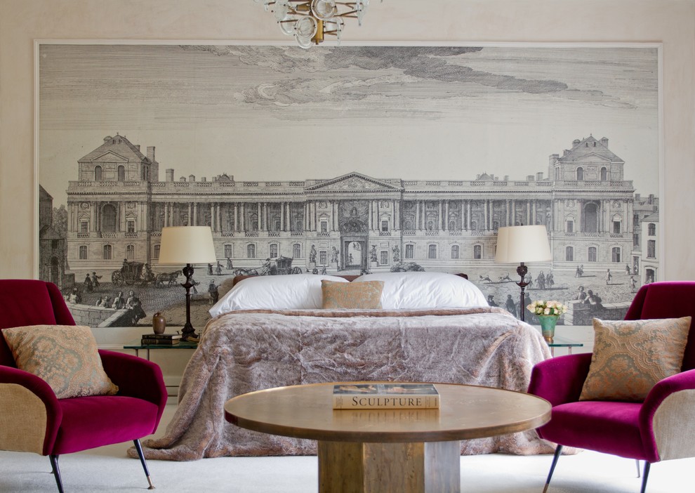 Foto di una camera da letto contemporanea con pareti beige
