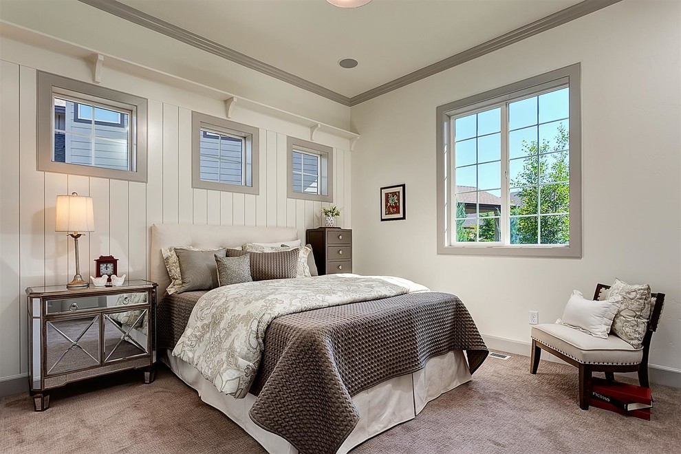 ボイシにある広いトラディショナルスタイルのおしゃれな客用寝室 (白い壁、カーペット敷き、暖炉なし、グレーとブラウン) のインテリア