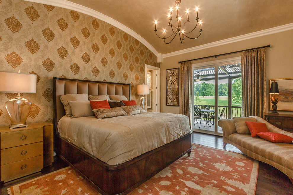 Example of a mid-sized transitional master dark wood floor bedroom design in Louisville with beige walls and no fireplace