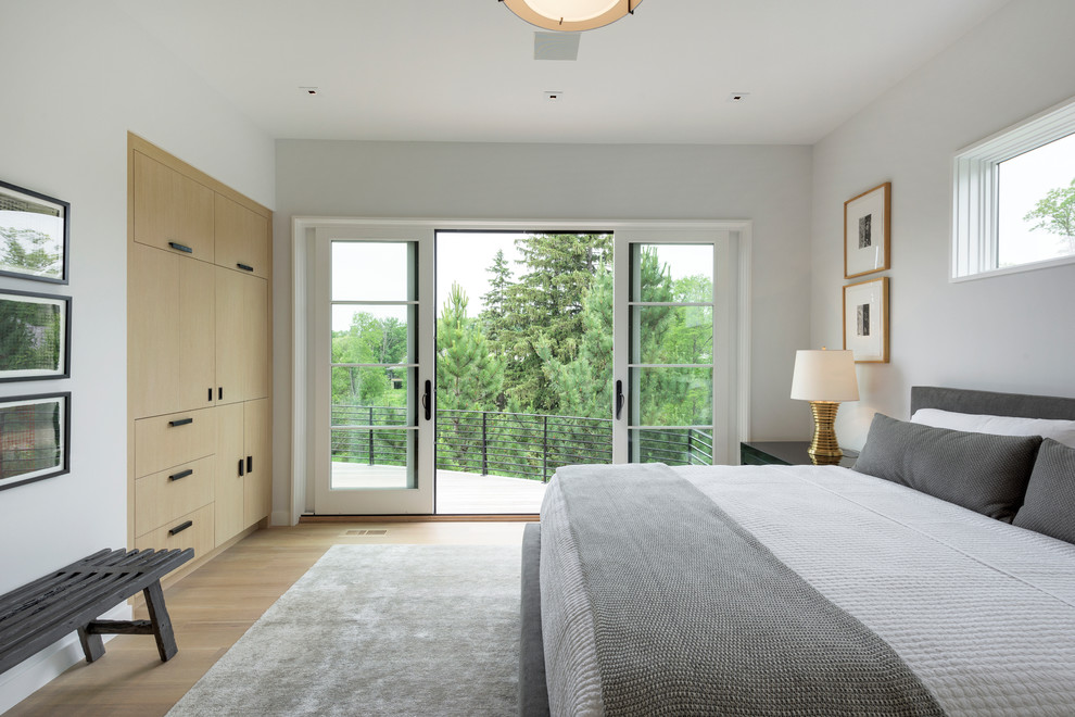 Design ideas for an expansive modern master bedroom in Minneapolis with white walls and light hardwood flooring.
