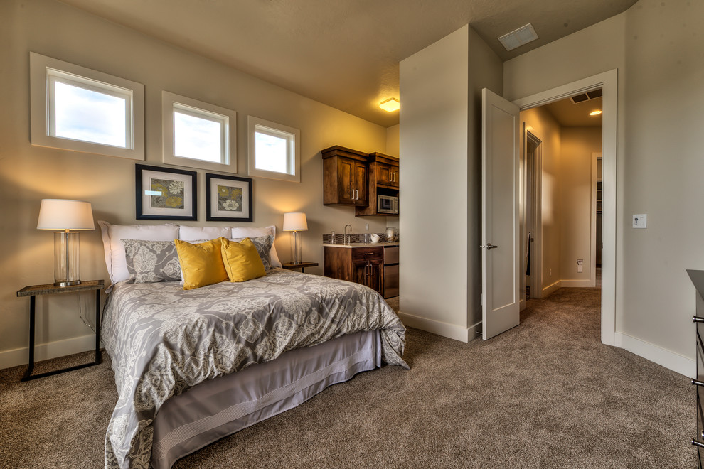Design ideas for a medium sized traditional master bedroom in Boise with grey walls, carpet and no fireplace.