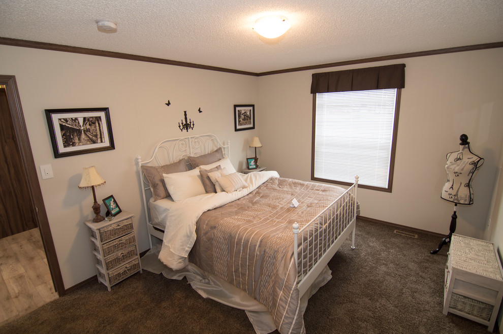 Design ideas for a medium sized rustic master bedroom in Calgary with white walls and carpet.