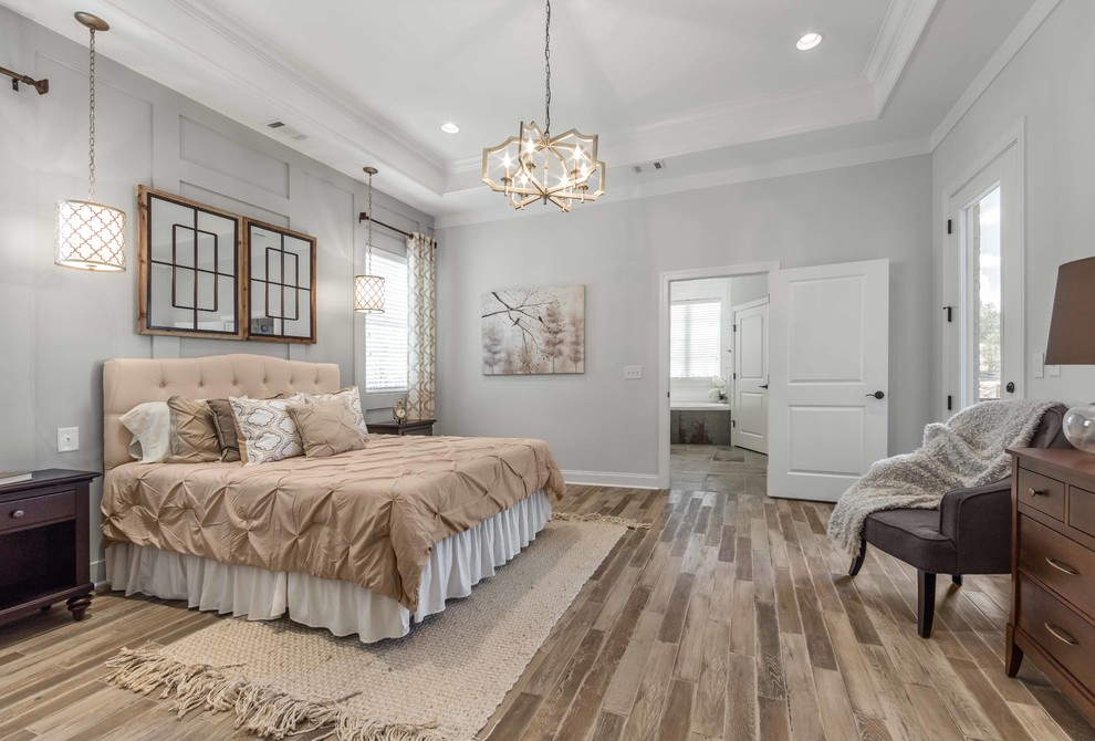Design ideas for a medium sized classic master bedroom in Other with grey walls, porcelain flooring, no fireplace and beige floors.