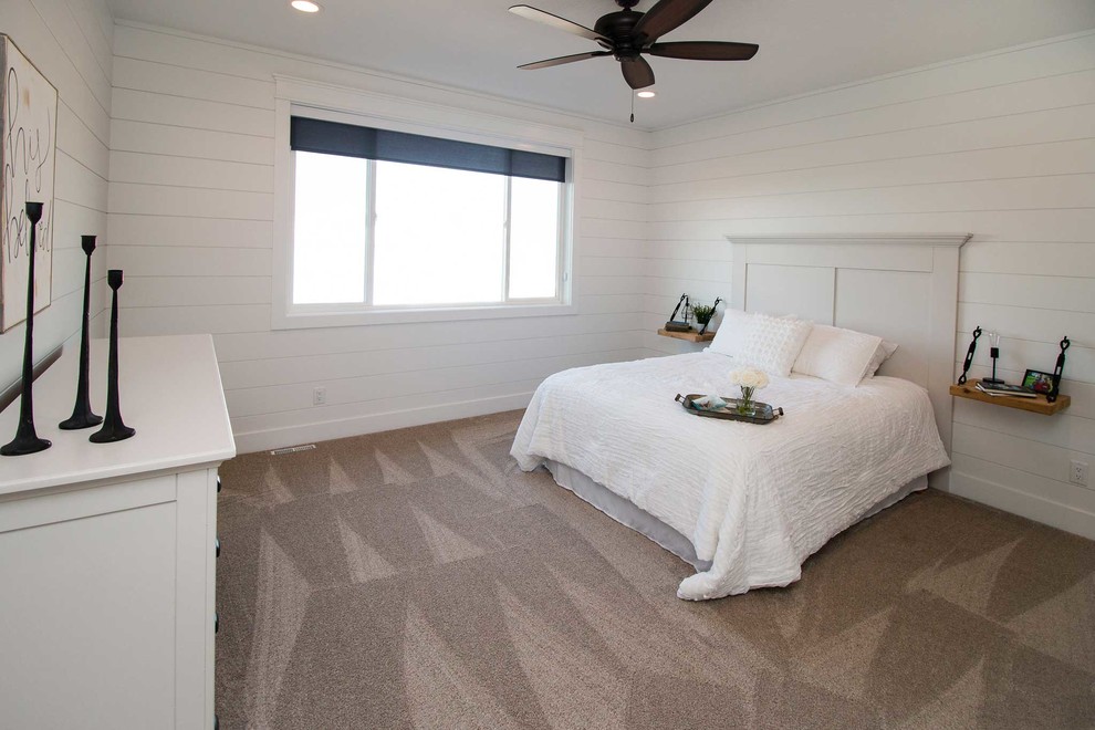 Photo of a medium sized farmhouse master bedroom in Other with white walls, carpet, no fireplace and white floors.