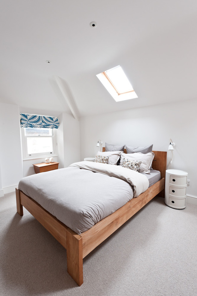 Cette photo montre une chambre avec moquette tendance avec un mur blanc.
