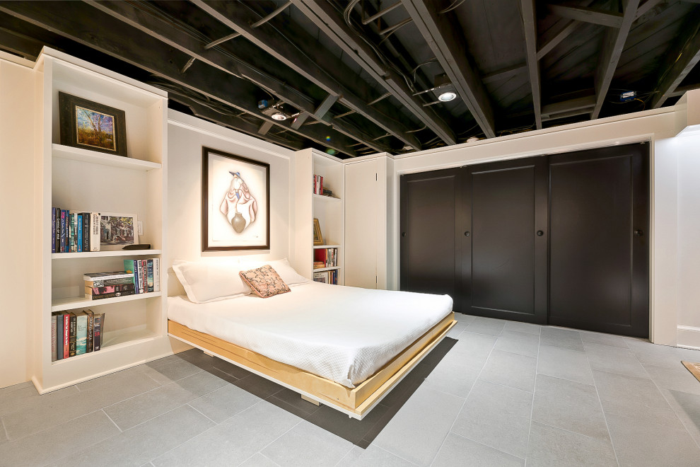Inspiration för moderna sovrum, med vita väggar och grått golv