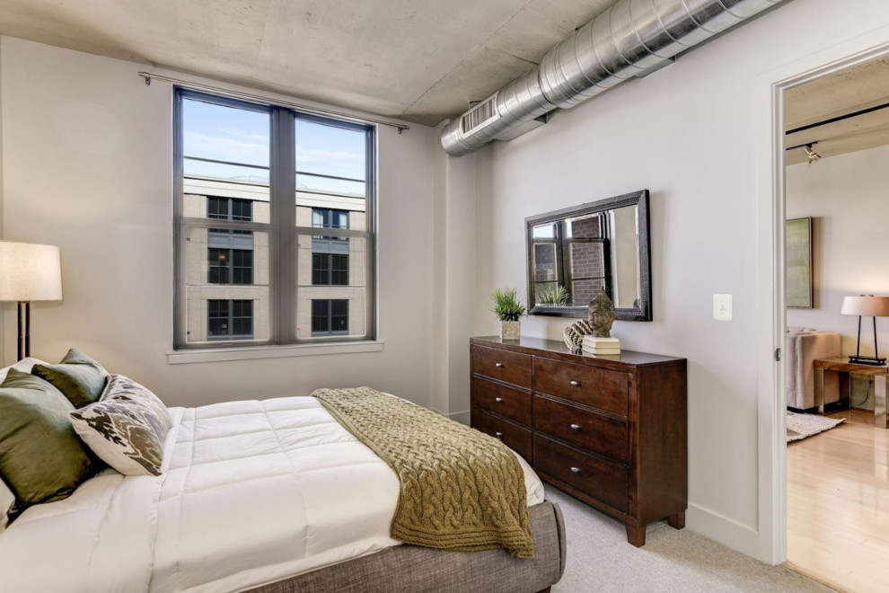 Imagen de habitación de invitados actual pequeña sin chimenea con paredes blancas, moqueta y suelo beige