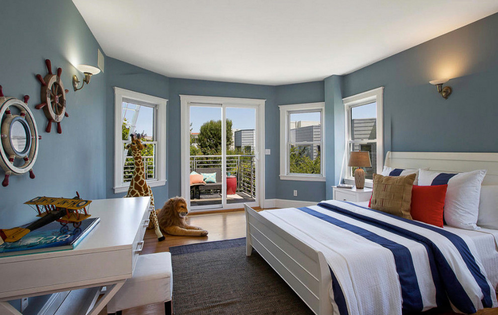 Elegant guest light wood floor bedroom photo in San Francisco with blue walls