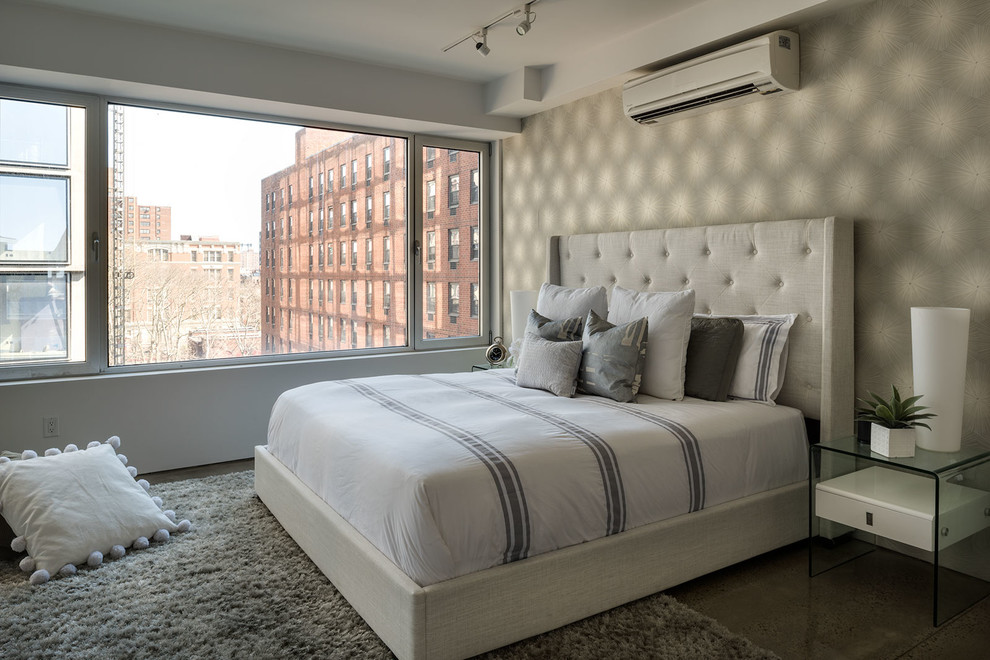 Large trendy bedroom photo in New York