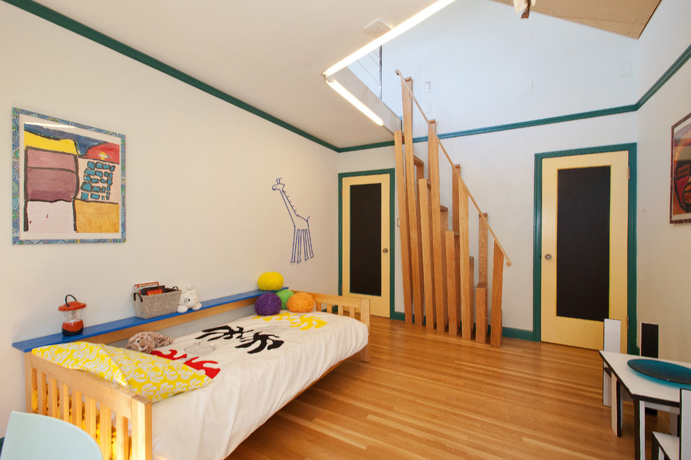 Immagine di una camera da letto stile loft design di medie dimensioni con pareti bianche, parquet chiaro e nessun camino