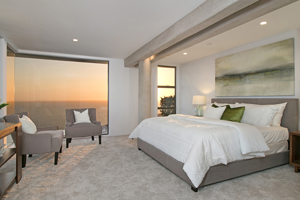 Großes Modernes Hauptschlafzimmer mit weißer Wandfarbe und Teppichboden in Orange County