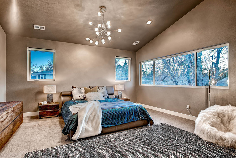 This is an example of a contemporary grey and brown bedroom in Denver with grey walls, no fireplace and carpet.