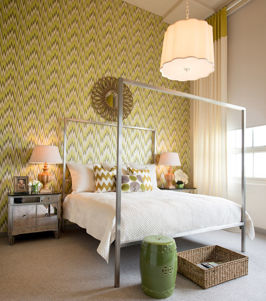 Photo of a large contemporary master bedroom in Dallas with yellow walls and carpet.