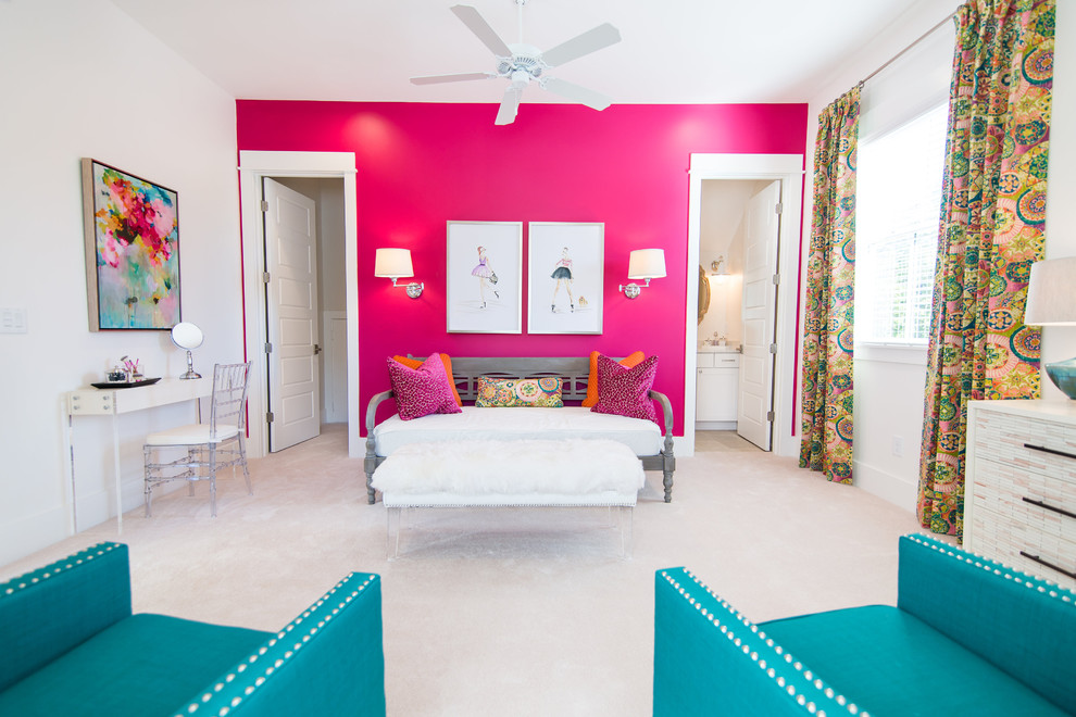 Bedroom - contemporary guest carpeted bedroom idea in Atlanta with pink walls
