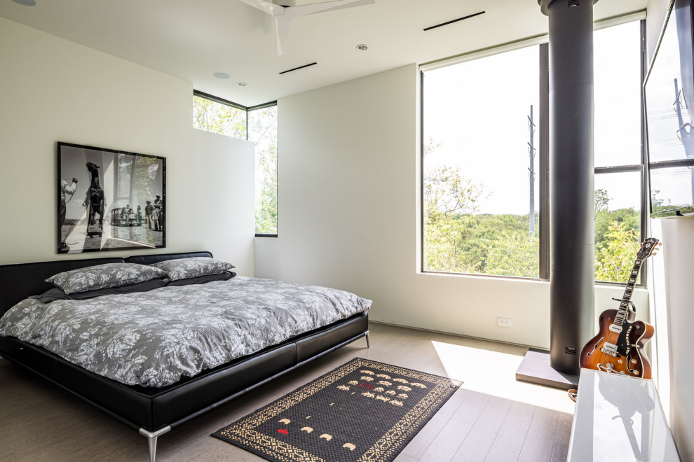 Design ideas for a contemporary master and grey and white bedroom in Dallas with white walls and a wood ceiling.