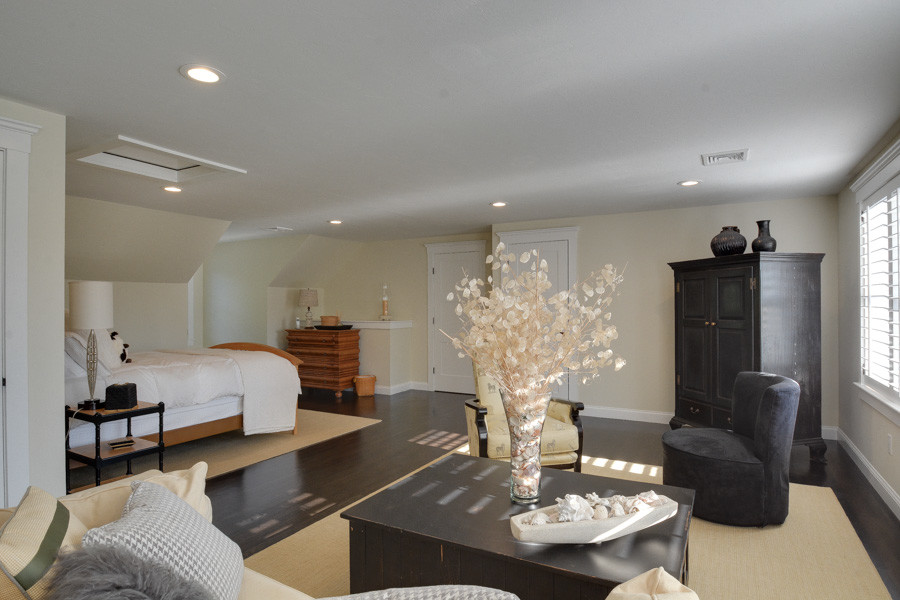 Diseño de habitación de invitados clásica renovada de tamaño medio sin chimenea con paredes beige y suelo de madera oscura
