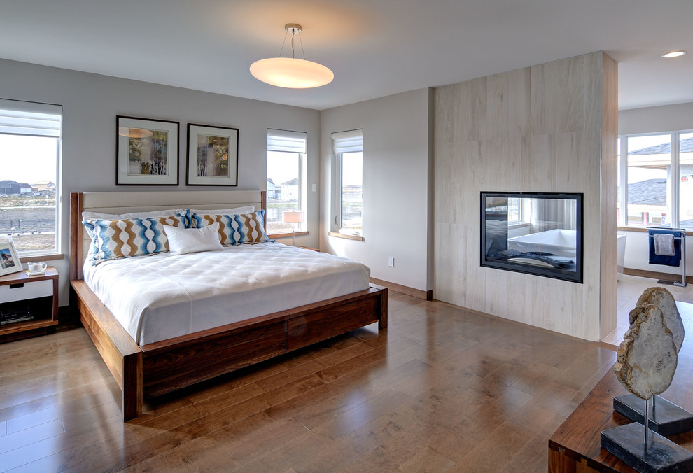 Großes Modernes Hauptschlafzimmer mit gefliester Kaminumrandung, Tunnelkamin, grauer Wandfarbe, braunem Holzboden und braunem Boden in Sonstige