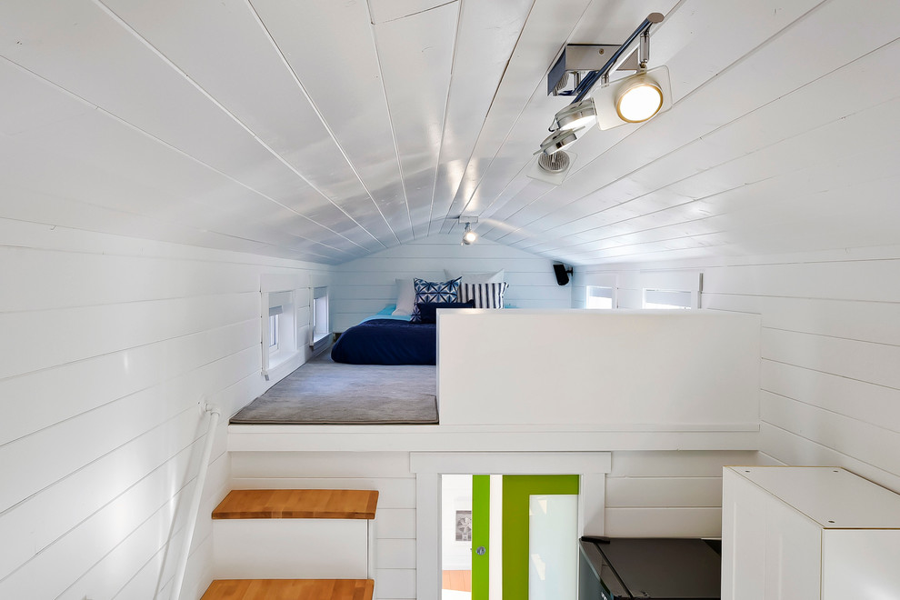 Ispirazione per una piccola camera da letto stile loft design con pareti bianche e moquette