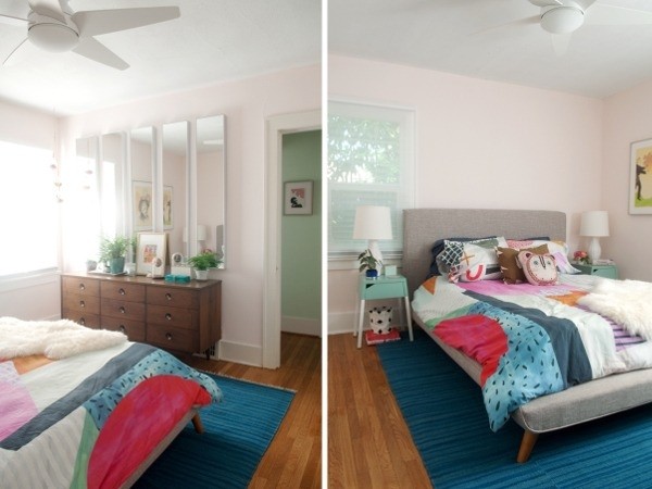 Esempio di una piccola camera matrimoniale design con pareti rosa, parquet chiaro e nessun camino