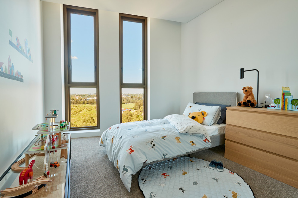 Imagen de habitación de invitados contemporánea de tamaño medio con paredes blancas, moqueta y suelo gris