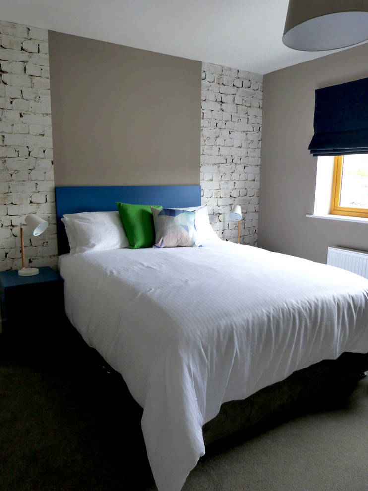 ダブリンにある小さなエクレクティックスタイルのおしゃれな主寝室 (グレーの壁、カーペット敷き) のレイアウト