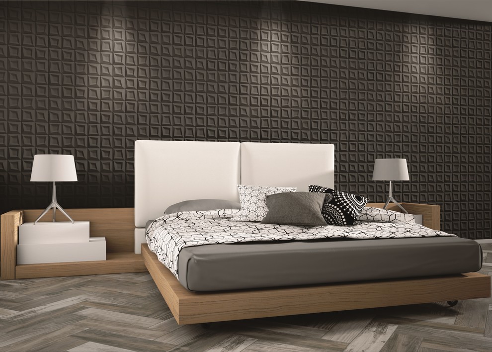 Ispirazione per una camera da letto design con pareti nere, pavimento in gres porcellanato e nessun camino