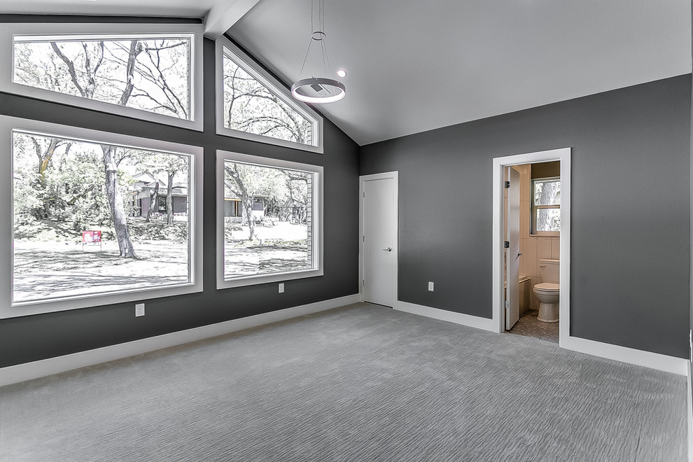 Foto di una camera degli ospiti minimalista con pareti grigie, pavimento con piastrelle in ceramica e nessun camino