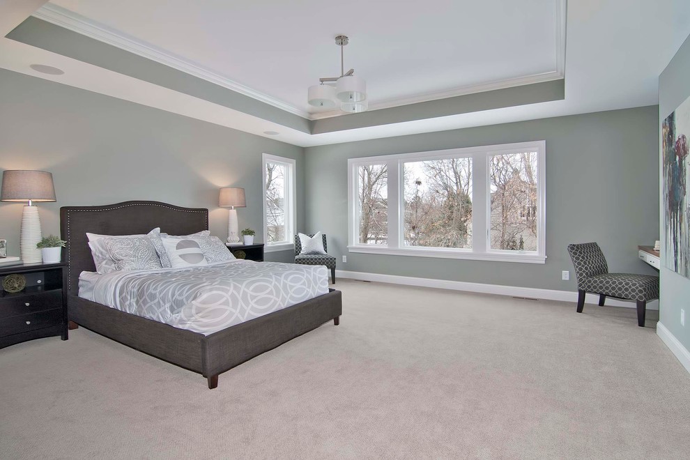 Imagen de dormitorio principal grande sin chimenea con paredes grises y moqueta