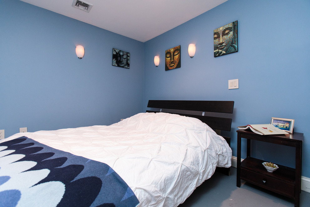 Modelo de habitación de invitados actual de tamaño medio con paredes azules y moqueta