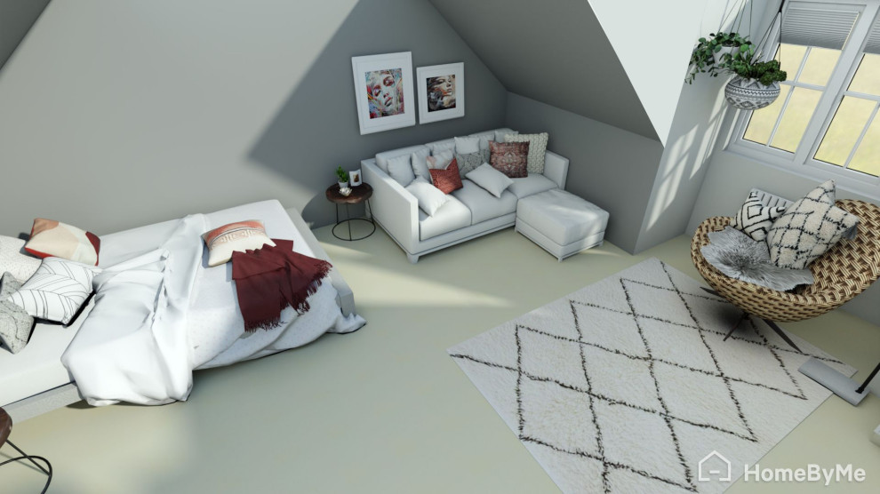 На фото: спальня среднего размера на антресоли в стиле шебби-шик с серыми стенами и сводчатым потолком