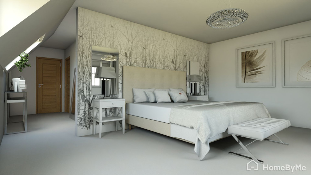 Inspiration for a medium sized traditional master bedroom in Oxfordshire with white walls, beige floors and wallpapered walls.