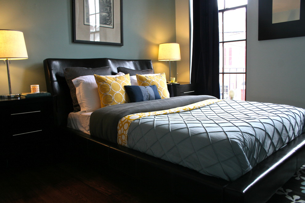 Inspiration for a contemporary bedroom in Philadelphia with blue walls.