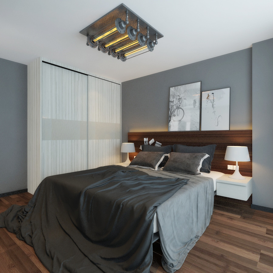 Immagine di una camera degli ospiti minimalista di medie dimensioni con pareti grigie e pavimento in vinile